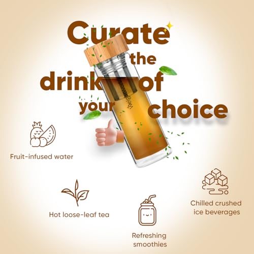 Tea Infuser for Loose Tea - 500ml Tea Infuser Glass Bottle with Stainless Steel Tea Strainer, Bamboo Lid & Neoprene Sleeve - Leakproof Hot & Cold Brew Water Bottle