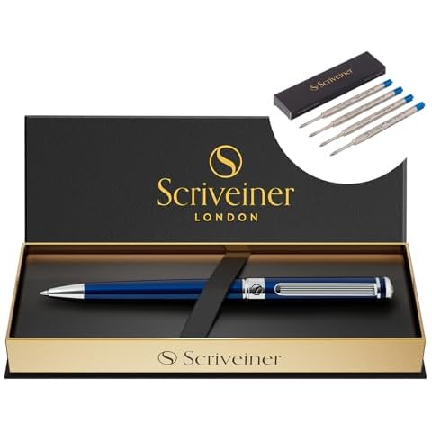 Scriveiner Midnight Blue Ballpoint Pen - Stunning Blue Lacquer Luxury Pen, bundle Ballpoint Refill Blue Medium - 4 Ballpoint Refills in one box Cover