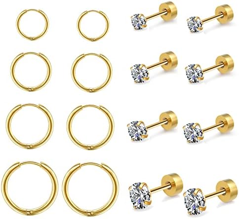 Earring Sets for Multiple Piercing 316L Surgical Stainless Steel Hoop Earrings 14K Gold Plated Cubic Zirconia Round Studs Earrings Hypoallergenic Cartilage Huggie Hoop Earrings8 Pairs