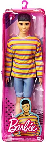Barbie GRB91 Ken Fashionistas Doll #175 with Sculpted Brunette Hair Wearing a Long-sleeve Colorful Striped Shirt, Multicolor, 31.75 cm*5.08 cm*11.43 cm