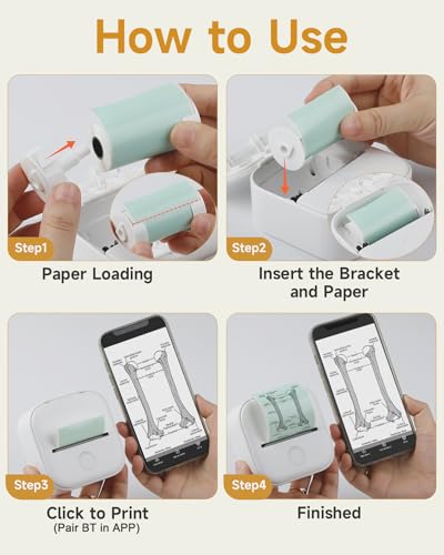 Thermodrucker Mini Aufkleber Drucker - T02 Tragbare Thermodrucker Bluetooth Fotodrucker, Lerngrafiken für Kinder, Gymnasiasten, Universitätsstudent,Mini Drucker mit 3 Rollen Thermopapier Selbstklebend