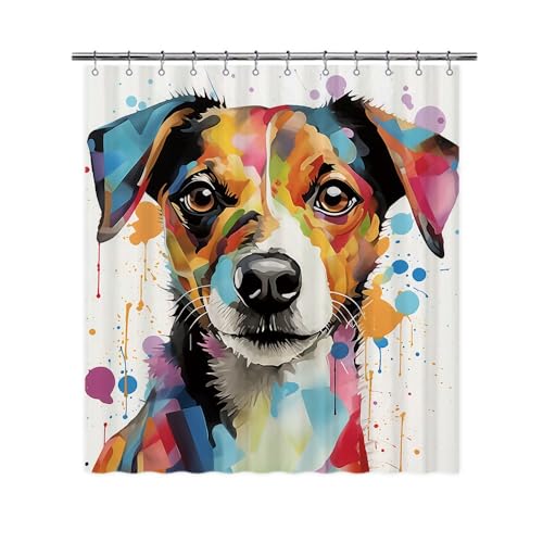 Ganshan Bi Lovely Jack Russell Terrier Dog Shower Curtain Colorful Painting Dog Puppy Pet Animal Print Bath Curtains for Bathroom Home Decoration with 12 Hooks 72x72 Inch White Style 2