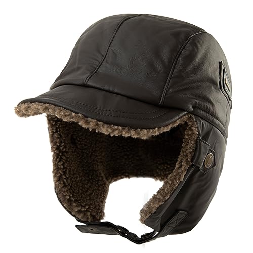 Comhats Ciepła czapka traperska męska ze sztucznej skóry bomberka kapelusz unisex czapka lotnicza czapka futrzana, 99708_Coffee braun, L-XL