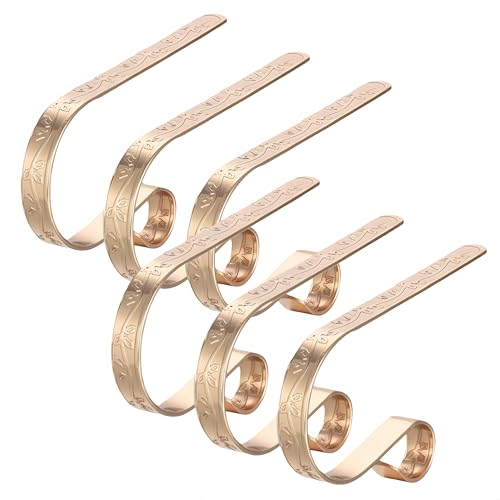 ALUNME Christmas Stocking Holders for Mantle of 3Pcs Rose Holly Embossed Design Adjustable Vintage Metal Xmas Stocking Hanger for Fireplace Holiday Family Christmas Stocking Hooks