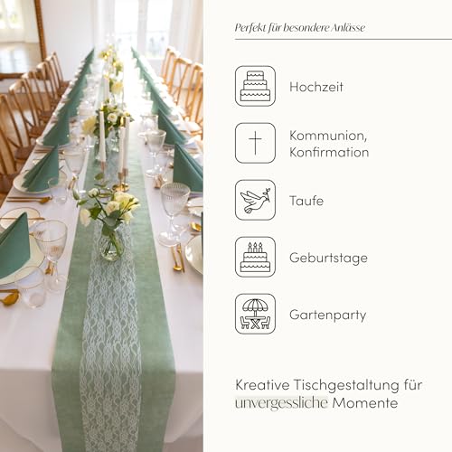 100%Mosel Tischdeko-Set – Eukalyptus Grün & Weiß (25–50 Gäste) Tischläufer aus Vlies & Spitze mit Airlaid Servietten – praktisches Komplettset für Anlässe wie Hochzeit, Taufe, Kommunion