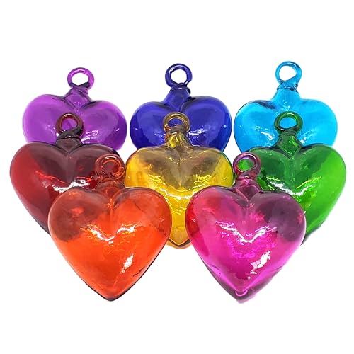 MexHandcraft Rainbow 3.5 inch Medium Hanging Glass Hearts (Set of 8), Recycled Blown Glass (Med Rainbow Hearts)