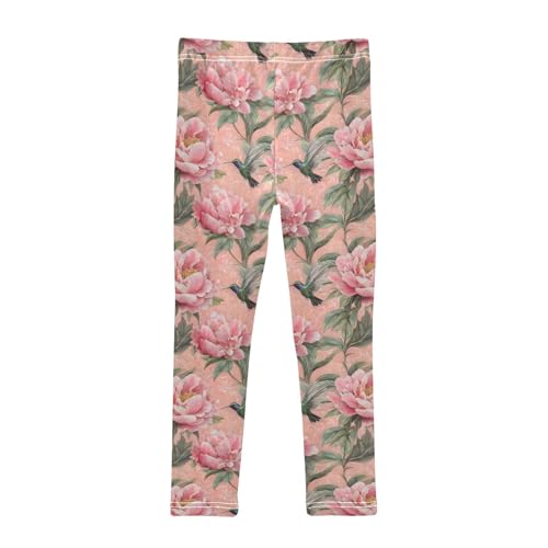 Watercolor Peony Hummingbird Flower Girls Leggings Soft Stretch Workout Yoga Dance Pants for Kids Casual Tights2