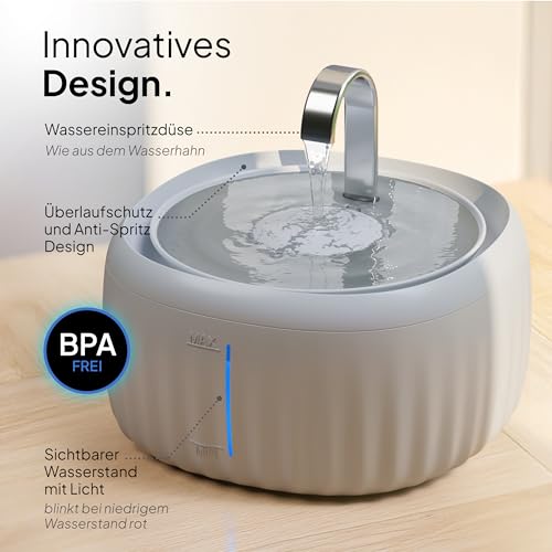 PrettyPaw Katzenbrunnen - Super leiser, BPA-freier 3L Trinkbrunnen für Katze mit LED und Aktivkohlefilter - Leicht zu reinigender Katzen Trinkbrunnen - Aqua Flow (Grau)