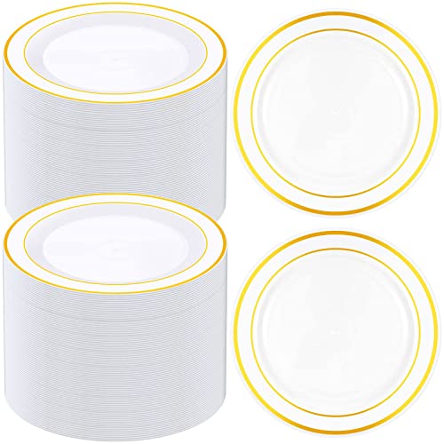 200 Pieces Disposable Plates Plastic Party Plates With Rim Hard Plastic Appetizer Salad Dessert Plates 7.5 Inch Elegant Heavy Duty Plates For Dinner Wedding Party Supplies(Gold Rim) #TOP2