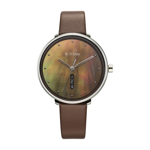 Titan Neo Analog with Day and Date Mother of Pearl Dial Brown Color Leather Strap Watch for Women