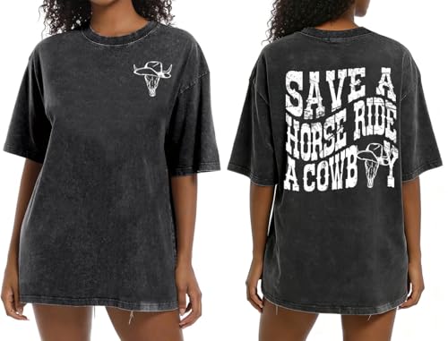 Oversized Western Tops for Women Acid Wash Country Concert Graphic Tee Top