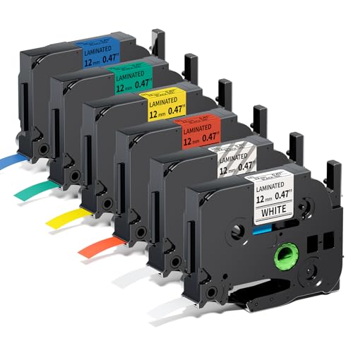 Upwinning Label Printer Tape 12mm Compatible with Brother P touch Label Tape 12mm White Clear Blue Yellow Green Red, Compatible for Brother P-touch H110 E110 H100R H108 H101C H200 1000 Label Maker, 6x