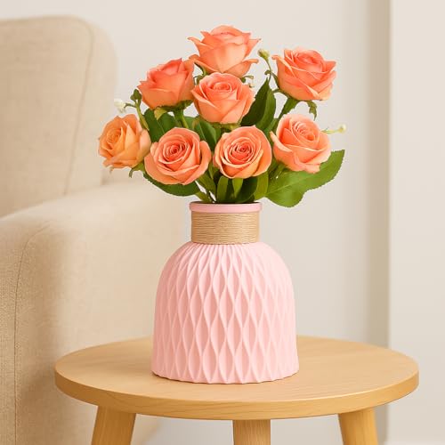 Image of Plastic Pineapple Shape Decorative Vase with Jute Rope Top | Ceramic Look, Unbreakable Flower Pot for Centre Table, Balcony & Living Room Decor | Only Vase (No Flower) (Pink)
