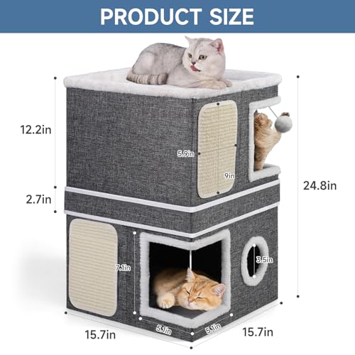 Shikha Casa para gatos de 2 andares para gatos internos, separada em 2 grandes cavernas com cama par