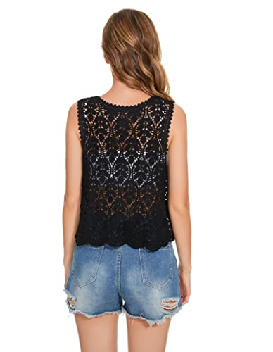 Image of Womens Floral Crochet Lace Trim Sleeveless Open Front Vest Cardigan