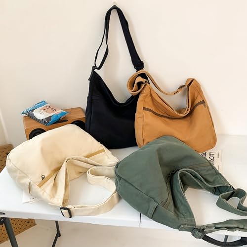 Image of Cotton Tote Handbag Women Canvas Crossbody Beach Bag Hobo Shoulder Tote Bag with 3 External Pocket,Zipper Closure