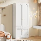 Merax 2-türiger Kleiderschrank für Kinderzimmer – Weiß, Lack-Kinderkleiderschrank mit Kleiderstange und Schubladen, Metallgriffe, 80×50×200 cm – Kleiderschrank Klein für Kinderkleidung