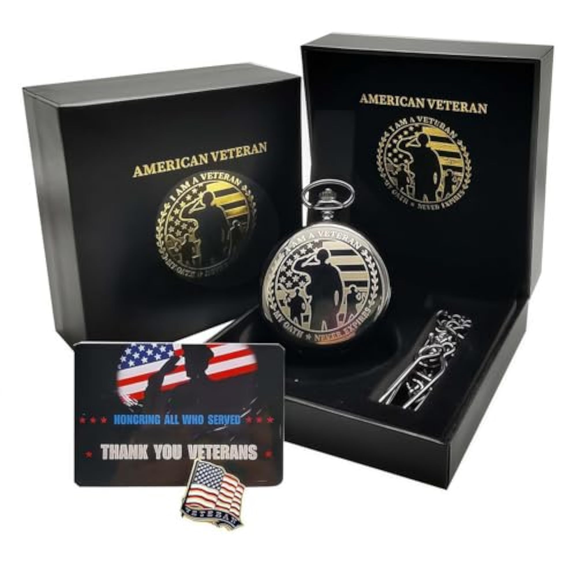 Pocket Watch for Veterans with Military Badge Gift Box
