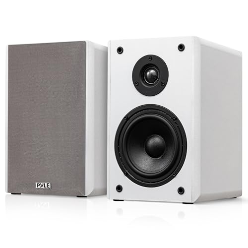 Pyle Bookshelf Speakers Passive Hi-Fi – 16.5 cm Stereo Speakers with Wall Mount Brackets, 200W Max Power, RCA Input, Paper Cone Woofer, Soft Dome Tweeter, For Turntables, Vinyl, DJ & Home Audio, White