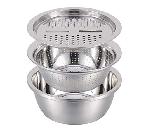 2 in 1 Vegetable Slicer with Bowl, Stainless Steel Kitchen Colanders,Strainer Kitchen Serving Bowl,Vegetable Chopper Drain Basket,Vegetable Chopper Slicer Cutter with Bowl