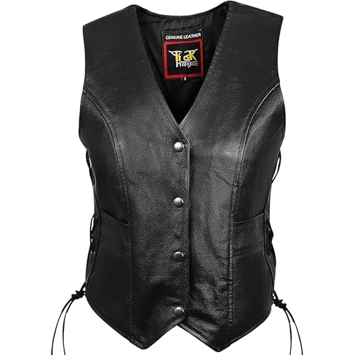 Women’s Sheepskin Leather Motorcycle Vest – Genuine Leather Biker Vest with Side Laces, Snap Closure & Pockets