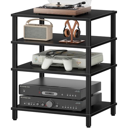 4-Tier AV Media Player Stand, Black Stereo Cabinet, Modern Stereo Cabinet, Wooden TV Stand,Game Console Shelf, Multifunctional Entertainment Center, Suitable for Home, Conference Room, Game Studio