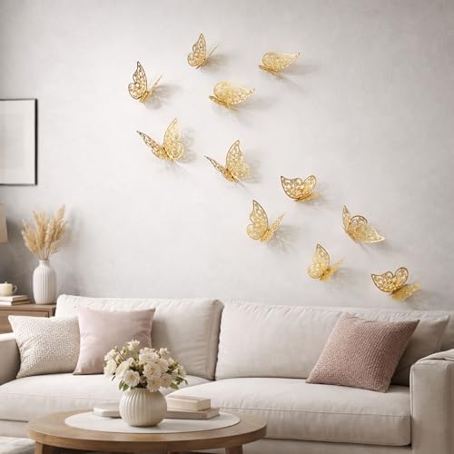 Image of 12PCS 3D Butterfly Wall Stickers for Home Decor with Adhesive Pads, Golden Mirror Effect DIY Wall Decoration for Bedroom Living Room Kids Room TV Background Wedding Birthday Party Decor