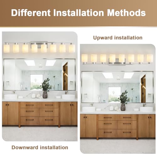 Image of 8-Light Bathroom Light Fixtures, Modern Vanity Lights, Brushed Nickel Metal Wall Lamp with White Marble Glass for Bathroom, Mirror, Living Room, Bedroom, Cabinet, Porch, Hallway, E26 Base