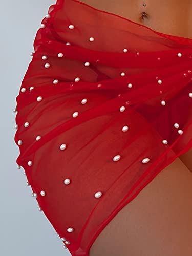 Image of GORGLITTER Women's Cover Up Sarong Wrap Skirt Bachelorette Outfits for Bride Sheer Mesh Bridal Swimsuit Pearl Bathing Suit