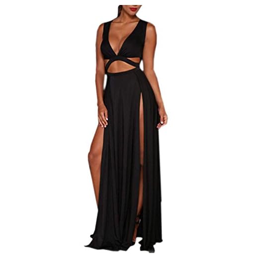 365-Shopping Dam V-ringad fest klubbkläder ärmlös sida delad strand långa klänningar, Svart, 32/34 SE