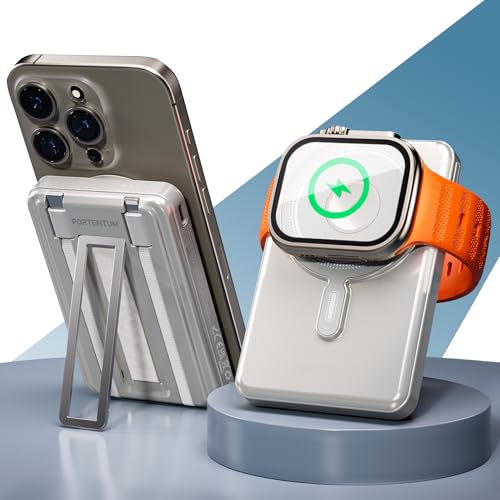PORTENTUM Power bank per MagSafe 5 in 1 supporto pieghevole – 10000 mAh cavi integrati Lightning + USB-C – Caricatore portatile ricarica rapida 20 W PD/QC wireless Qi 15 W – Apple Watch compatibile