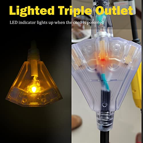 Ep 3 Ft Lighted Gfci Extension Cord With 3 Electrical Power Outlets - 12/3 Sjtw Heavy Duty Black Pigtail Extension Cable With 3 Prong Grounded Plug For Safety, Ul Listed #TOP3