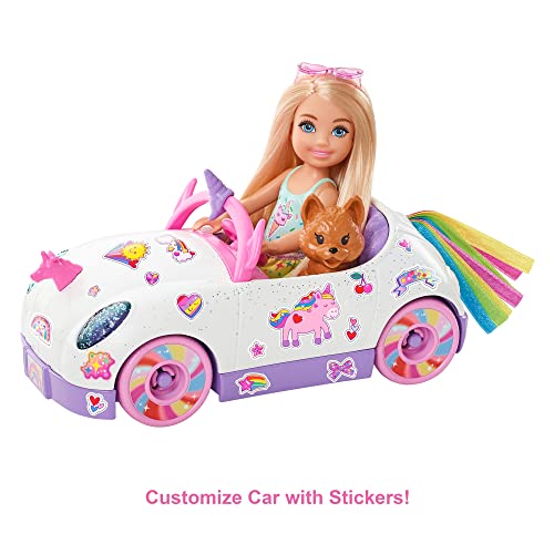 Barbie Club Chelsea Doll (6-Inch Blonde) with Open-Top Rainbow Unicorn-Themed Car, Pet Puppy, Sticker Sheet… - Image 5