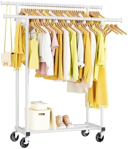 HYSEYY Double Rods Clothes Rack, Rolling Clothing Rack for Hangin...