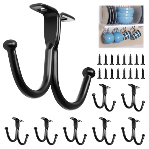 Image of Yuechenggui Cup Hooks,Mug Hooks Under Cabinet Hook Metal Mug Holder Under Shelf Coat Hanger Black Wall Mounted Cup Holder for Kitchen Utensil Storage Drying Pots Pans Coffee Tea Cups (8, Double Hook)