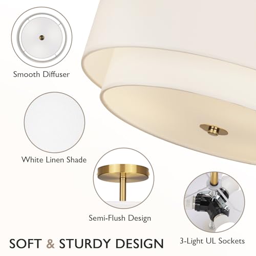 CALOKES 16" Dual Drum Gold 3-Light Semi Flush Mount Ceiling Light, Classic White Fabric Linen Shade Design for Living Room, Bedroom, Kitchen, Dining Room, Hallway and Entryway by CALOKES - Image 3