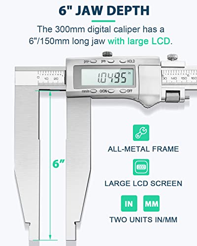Mxmoonfree 12 Inch Digital Caliper Long Jaw Caliper with 6\" Jaw Depth Calipers Measuring Tool All-Metal Frame Large LCD Screen 0.0005\"/ 0.01mm Resolution (12\"/ 300mm) - Thumbnail 2