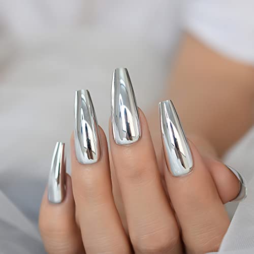 Imabc Silver Punk Metallic Press On False Nails Long Coffin Ballerina Chrome Mirror Fake Nails Full Cover Acrylic Nail Tips With Glue Tape For Women And Girls #TOP4