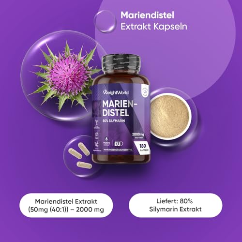 Mariendistel Kapseln - 2000 mg Mariendistel Pulver - Mit 80% Silymarin Extrakt - 180 Stück für 6 Monate Vorrat - Vegan & Frei von Magnesiumstearat - Täglich 1 Kapsel - Milk Thistle - WeightWorld