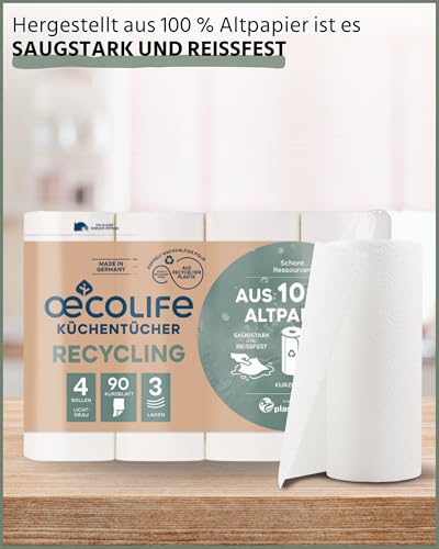 Foto von œcolife Küchentücher RECYCLING, 48 Rollen à 90 Blatt, 3-lagig, Küchenrollen