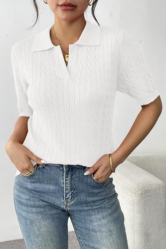 Image of Zeagoo Women Short Sleeve Sweater Pullover Polo Tops V Neck Knit Casual Soft Pullover Shirt