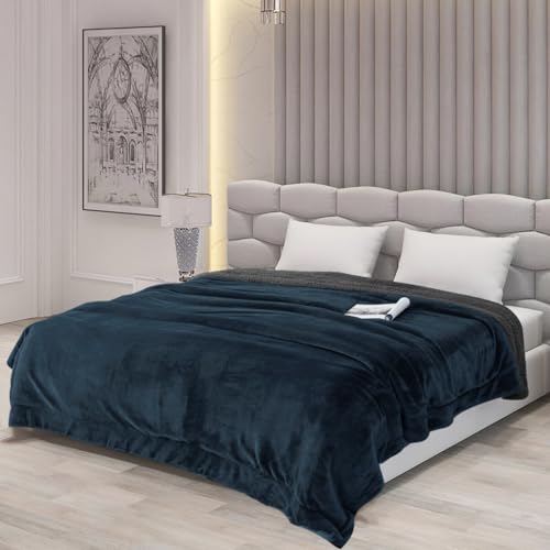 Image of Homestan Sherpa Fleece AC Blanket for Winter, Double 88x90 inch | Navy & Grey, All Season Comforter, Reversible 400 GSM Quilt, No Filling, Soft & Warm Throw, Breathable