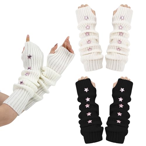 Meng Jiaran - Meng Jiaran 2 Pairs Arm Warmers Y2k, Fingerless Gloves, Knitted Arm Gloves with Pink Star, Arm Sleeves for Women Girls Winter Accessories
