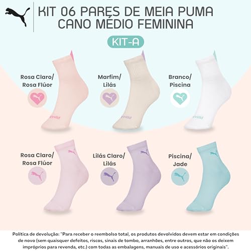 PUMA Kit 6 Meia Colorida Academia Esportiva Cano Médio Feminina Adulto, KIT - A, 34-39