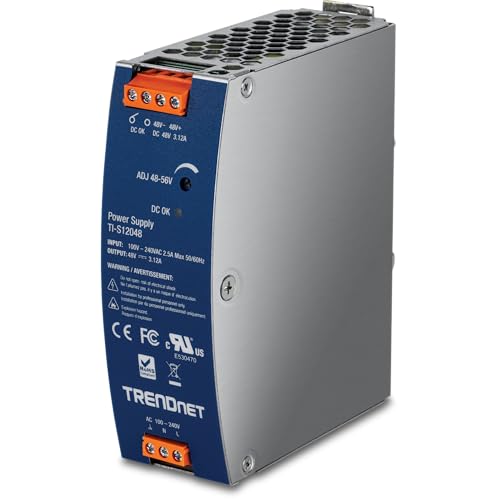 Image of TRENDnet 150W, 48 - 56V DC, 3.12A AC to DC DIN-Rail Power Supply with PFC Function, TI-S12048, 150% Peak Load Capability, UL 62368 Certified
