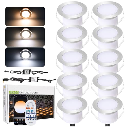 Smart LED Decking Lights Ø45MM Deck Light with Remote Control 2700K-6500K CCT White Dimmable IP67 Waterproof Led Plinth Light for Deck Terrace Pathway - 10 Packs