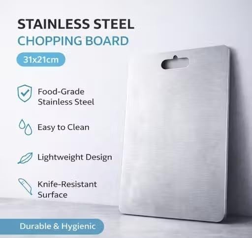 Image of karomouj Stainless Steel Chopping Board with Anti-Cut Safety Gloves | Premium 304 Food Grade Steel Cutting Board | Non-Porous, Double-Sided Kitchen Chopping Board for Meat, Vegetables & Fruits