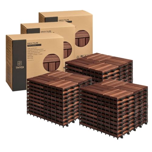 THYOI Acacia Wood Interlocking Deck Tiles 12 x 12 Dark Brown 30 Pcs