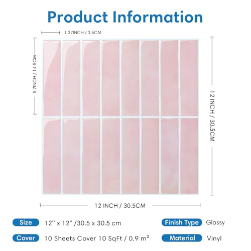COMSTICKC 10-Stück 3D Fliesenaufkleber Klebefliesen Küche Rosa 3D Wandfliesen Vinyl Selbstklebend Fliesen Wandverkleidung Küche Bad Küchenrückwand, 30,5 x 30,5 cm – nur für Glatte Wände