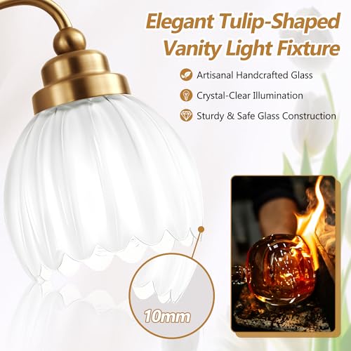 Image of Vintage Gold Vanity Lights, 2 Light Milk White Tulip Crystal | Antique Brass Finish, Brushed Gold Bathroom Light Fixtures, Wall Sconce Ideal for Bedroom, E26 Compatible, Easy Install